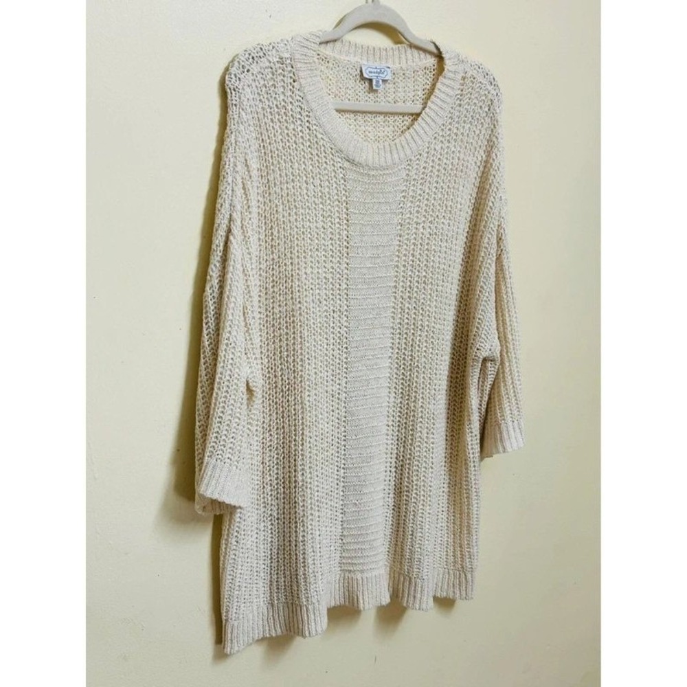 Mud Pie Sweater Womens OS Cream Open Knit Crochet Oversized Side Slit Pullover